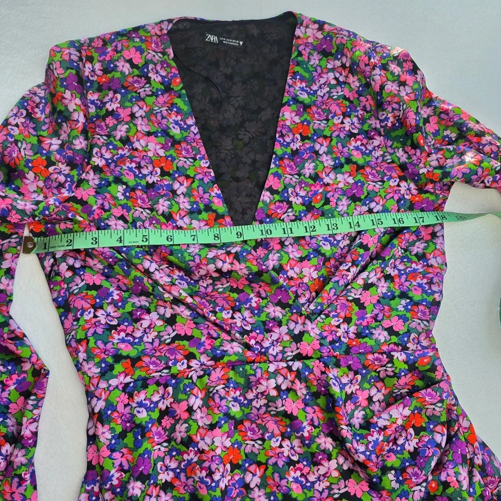 Zara Womens Purple Floral‎ Long Sleeve Wrap Mini Dress V-Neck Ruched Size Medium